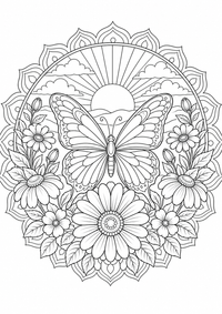 Schmetterling Blumen Mandala ist ein kostenloses A4-Ausmalbild mit klaren schwarzen Konturen zum Ausdrucken.