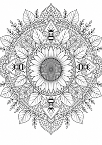 Sonnenblumen-Bienen-Mandala ist ein kostenloses A4-Ausmalbild mit klaren schwarzen Konturen zum Ausdrucken.