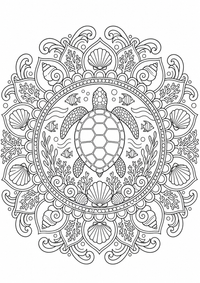 Meeresschildkröten-Mandala ist ein kostenloses A4-Ausmalbild mit klaren schwarzen Konturen zum Ausdrucken.