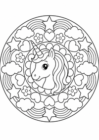 Un unicornio está en el centro de un patrón redondo con estrellas, nubes, corazones, flores y arcos de arcoíris. Este dibujo para colorear A4 gratuito para imprimir ofrece contornos negros claros y grandes zonas fáciles de colorear para un primer mandala.