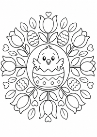 Un pollito de Pascua está en el centro de un patrón redondo con tulipanes, huevos, hojas y corazones. Este dibujo para colorear A4 gratuito para imprimir ofrece contornos negros claros y grandes zonas fáciles de colorear para un primer mandala.