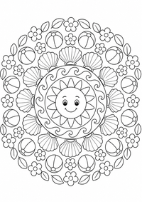 Un sol de verano está en el centro de un patrón redondo con conchas, olas, pelotas de playa, flores y hojas. Este dibujo para colorear A4 gratuito para imprimir ofrece contornos negros claros y grandes zonas fáciles de colorear para un primer mandala.