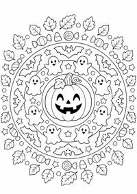 Un calabaza de Halloween está en el centro de un patrón redondo con fantasmitas, murciélagos, estrellas, dulces y hojas de otoño. Este dibujo para colorear A4 gratuito para imprimir ofrece contornos negros claros y grandes zonas fáciles de colorear para un primer mandala.