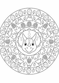 Un triceratops está en el centro de un patrón redondo con huellas, helechos, volcanes, huevos y hojas. Este dibujo para colorear A4 gratuito para imprimir ofrece contornos negros claros y grandes zonas fáciles de colorear para un primer mandala.