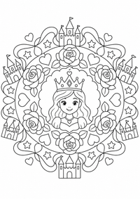 Un princesa está en el centro de un patrón redondo con coronas, rosas, castillos, estrellas y corazones. Este dibujo para colorear A4 gratuito para imprimir ofrece contornos negros claros y grandes zonas fáciles de colorear para un primer mandala.