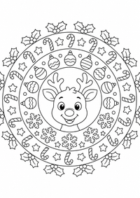 Un reno navideño está en el centro de un patrón redondo con copos, adornos, bastones, estrellas y acebo. Este dibujo para colorear A4 gratuito para imprimir ofrece contornos negros claros y grandes zonas fáciles de colorear para un primer mandala.