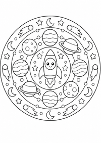 Un cohete espacial está en el centro de un patrón redondo con planetas, estrellas, lunas, cometas y órbitas. Este dibujo para colorear A4 gratuito para imprimir ofrece contornos negros claros y grandes zonas fáciles de colorear para un primer mandala.