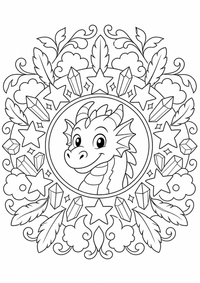 Un dragón fantástico está en el centro de un patrón redondo con estrellas mágicas, cristales, plumas, nubes y hojas. Este dibujo para colorear A4 gratuito para imprimir ofrece contornos negros claros y grandes zonas fáciles de colorear para un primer mandala.