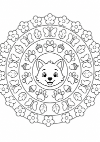 Un zorro está en el centro de un patrón redondo con huellas, bellotas, hojas, mariposas y flores. Este dibujo para colorear A4 gratuito para imprimir ofrece contornos negros claros y grandes zonas fáciles de colorear para un primer mandala.