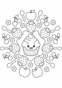 Un cupcake está en el centro de un patrón redondo con fresas, manzanas, cerezas, cucharas y flores. Este dibujo para colorear A4 gratuito para imprimir ofrece contornos negros claros y grandes zonas fáciles de colorear para un primer mandala.