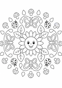 Un girasol está en el centro de un patrón redondo con hojas, mariposas, mariquitas, gotas y setas. Este dibujo para colorear A4 gratuito para imprimir ofrece contornos negros claros y grandes zonas fáciles de colorear para un primer mandala.