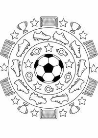 Fussball steht im Mittelpunkt eines runden Musters aus Tore, Schuhe, Pfeifen, Sterne und Pokale. Als kostenloses A4-Ausmalbild mit klaren schwarzen Konturen hat dieses Starter-Mandala große, einfach auszumalende Flächen.