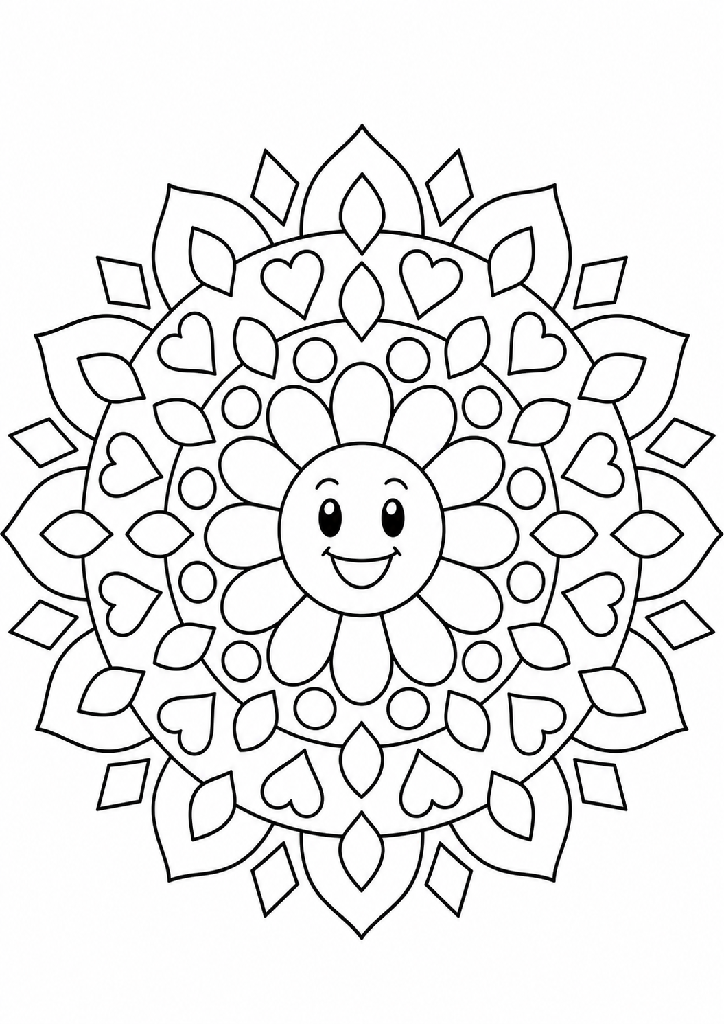 Ein einfaches geometrisches Blumen-Mandala mit klaren schwarzen Konturen für Kinder.