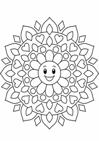 Un mandala de flor geométrica está en el centro de un patrón redondo con pétalos grandes, círculos, corazones, hojas y rombos. Este dibujo para colorear A4 gratuito para imprimir ofrece contornos negros claros y grandes zonas fáciles de colorear para un primer mandala.