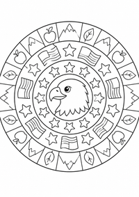 USA-Adler steht im Mittelpunkt eines runden Musters aus Sterne, Flaggen, Berge, Äpfel und Blätter. Als kostenloses A4-Ausmalbild mit klaren schwarzen Konturen hat dieses Starter-Mandala große, einfach auszumalende Flächen.