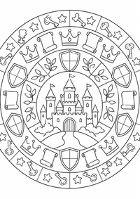 Geschichtsburg steht im Mittelpunkt eines runden Musters aus Schilde, Kronen, Schriftrollen, Schlüssel, Sterne und Blätter. Als kostenloses A4-Ausmalbild mit klaren schwarzen Konturen hat dieses Starter-Mandala große, einfach auszumalende Flächen.