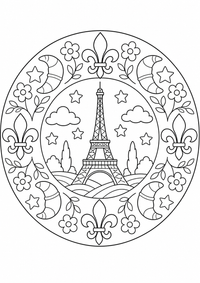 Frankreich-Eiffelturm steht im Mittelpunkt eines runden Musters aus Lilien, Croissants, Blumen, Sterne und Landschaftsblätter. Als kostenloses A4-Ausmalbild mit klaren schwarzen Konturen hat dieses Starter-Mandala große, einfach auszumalende Flächen.