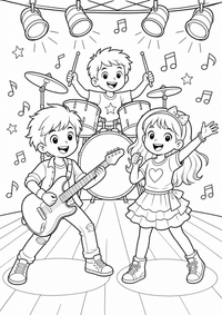 Kinder Band ist ein kostenloses Musik und Instrumente Ausmalbild mit klaren schwarzen Konturen zum Ausdrucken auf A4.