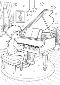 Kind am Klavier ist ein kostenloses Musik und Instrumente Ausmalbild mit klaren schwarzen Konturen zum Ausdrucken auf A4.