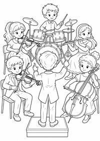Kinder Orchester ist ein kostenloses Musik und Instrumente Ausmalbild mit klaren schwarzen Konturen zum Ausdrucken auf A4.