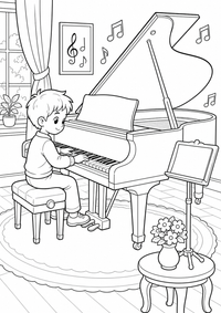 Kind At The Klavier is a free music coloring page with clear black outlines and printable details for children. Open the PNG file, print it on A4 and use it at home, kindergarten or school.