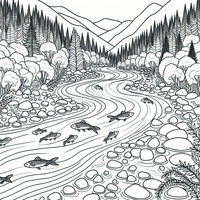 Río en el bosque con peces es un dibujo de naturaleza para colorear gratis, con contornos negros claros y detalles fáciles de imprimir para niños. Abre el archivo PNG, imprímelo en A4 y úsalo en casa, en el jardín de infancia o en la escuela.