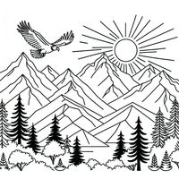 Majestuoso montañas y águila es un dibujo de naturaleza para colorear gratis, con contornos negros claros y detalles fáciles de imprimir para niños. Abre el archivo PNG, imprímelo en A4 y úsalo en casa, en el jardín de infancia o en la escuela.