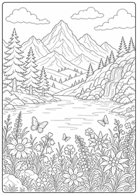 Lago de montaña con pradera de flores es un dibujo de naturaleza para colorear gratis, con contornos negros claros y detalles fáciles de imprimir para niños. Abre el archivo PNG, imprímelo en A4 y úsalo en casa, en el jardín de infancia o en la escuela.