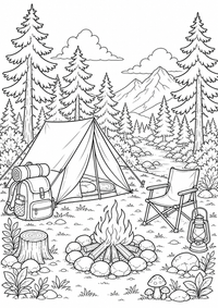 Camping में a Pine जंगल — कलरिंग पेज एक मुफ्त A4 कलरिंग पेज है, जिसमें स्पष्ट काली रूपरेखाएँ और रंग भरने के लिए साफ़ क्षेत्र हैं। पंजीकरण आवश्यक नहीं।
