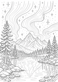 Dibujo de Aurora boreal sobre un lago de montaña para colorear es un dibujo Naturalezaaleza gratis para imprimir en A4, con contornos negros claros. Sin registro.