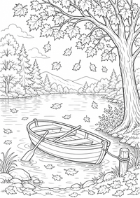 Herbstsee mit Boot es un dibujo naturaleza gratis para imprimir en A4, con contornos negros claros.
