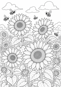 Natur Sonnenblumen ist ein kostenloses A4-Ausmalbild mit klaren schwarzen Konturen zum Ausdrucken.