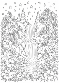 Wasserfall im Blumenwald ist ein kostenloses A4-Ausmalbild mit klaren schwarzen Konturen zum Ausdrucken.