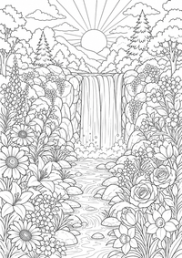 Wasserfall im Blumenwald ist ein kostenloses A4-Ausmalbild mit klaren schwarzen Konturen zum Ausdrucken.