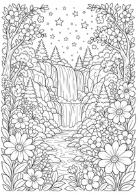 Wasserfall im Blumenwald ist ein kostenloses A4-Ausmalbild mit klaren schwarzen Konturen zum Ausdrucken.