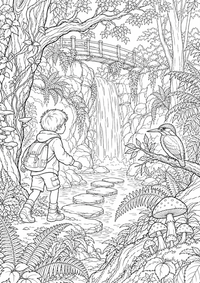 Entdeckung am Waldwasserfall ist ein kostenloses A4-Ausmalbild mit klaren schwarzen Konturen zum Ausdrucken.