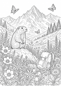 Murmeltier auf der Alpenwiese ist ein kostenloses A4-Ausmalbild mit klaren schwarzen Konturen zum Ausdrucken.