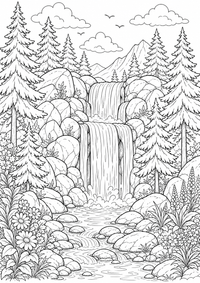 Cascada con abetos es un dibujo de naturaleza para colorear gratis, con contornos negros claros y detalles fáciles de imprimir para niños. Abre el archivo PNG, imprímelo en A4 y úsalo en casa, en el jardín de infancia o en la escuela.