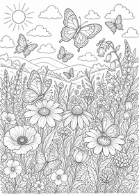 Pradera de flores con mariposas es un dibujo de naturaleza para colorear gratis, con contornos negros claros y detalles fáciles de imprimir para niños. Abre el archivo PNG, imprímelo en A4 y úsalo en casa, en el jardín de infancia o en la escuela.