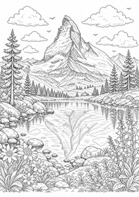 Lago de montaña Matterhorn panorama es un dibujo de naturaleza para colorear gratis, con contornos negros claros y detalles fáciles de imprimir para niños. Abre el archivo PNG, imprímelo en A4 y úsalo en casa, en el jardín de infancia o en la escuela.