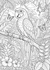 Selva tropical con loro es un dibujo de naturaleza para colorear gratis, con contornos negros claros y detalles fáciles de imprimir para niños. Abre el archivo PNG, imprímelo en A4 y úsalo en casa, en el jardín de infancia o en la escuela.