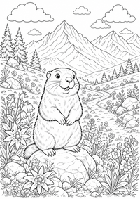 Pradera alpina con marmota es un dibujo de naturaleza para colorear gratis, con contornos negros claros y detalles fáciles de imprimir para niños. Abre el archivo PNG, imprímelo en A4 y úsalo en casa, en el jardín de infancia o en la escuela.