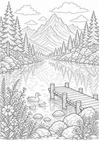 Naturaleza lago de montaña abetos es un dibujo de naturaleza para colorear gratis, con contornos negros claros y detalles fáciles de imprimir para niños. Abre el archivo PNG, imprímelo en A4 y úsalo en casa, en el jardín de infancia o en la escuela.
