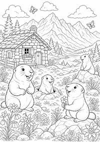 Naturaleza Alpes marmota cabaña es un dibujo de naturaleza para colorear gratis, con contornos negros claros y detalles fáciles de imprimir para niños. Abre el archivo PNG, imprímelo en A4 y úsalo en casa, en el jardín de infancia o en la escuela.