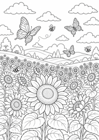 Sunflowers Wiese — कलरिंग पेज एक मुफ्त A4 कलरिंग पेज है, जिसमें स्पष्ट काली रूपरेखाएँ और रंग भरने के लिए साफ़ क्षेत्र हैं। पंजीकरण आवश्यक नहीं।