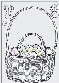 Ein detailliert gezeichneter Osterkorb, gefüllt mit bunten Ostereiern. Zwei freundliche Häschen und eine kleine Blume umrahmen das Bild. Perfekt zum Ausmalen für Kinder zu Ostern.