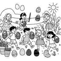 Kinder genießen die Ostereiersuche an einem sonnigen Frühlingstag. Perfekt zum Ausmalen und Feiern der Osterzeit!