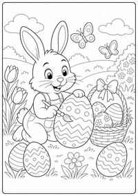 Ein fröhlicher Osterhase bemalt große Ostereier in einem Frühlingsgarten mit Tulpen und Schmetterlingen. Kostenloses Ostern Ausmalbild mit klaren Konturen für Kinder.