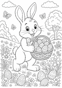 Ein Osterhase trägt einen Korb voller Ostereier über eine Frühlingswiese mit Blumen. Kostenloses Ausmalbild zum Ausdrucken als druckbare PNG-Datei für A4.