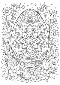 Ein großes Osterei mit Blumen, Punkten und einfachen Mandala Mustern als Oster Ausmalbild. Kostenloses Ausmalbild zum Ausdrucken als druckbare PNG-Datei für A4.